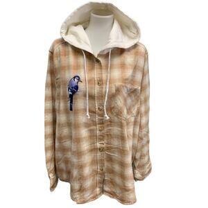 New Hand Printed Womens XL Blue Jay Bird Plaid Flannel Long Sleeve Hoodie
